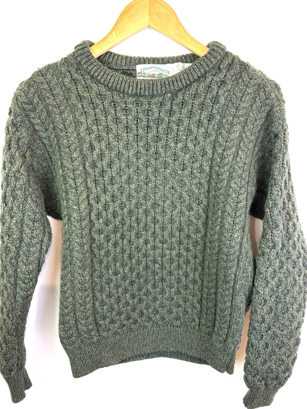 Aran Crafts 100% merino wool Olive Green Cable-Knit Crewneck Sweater size S